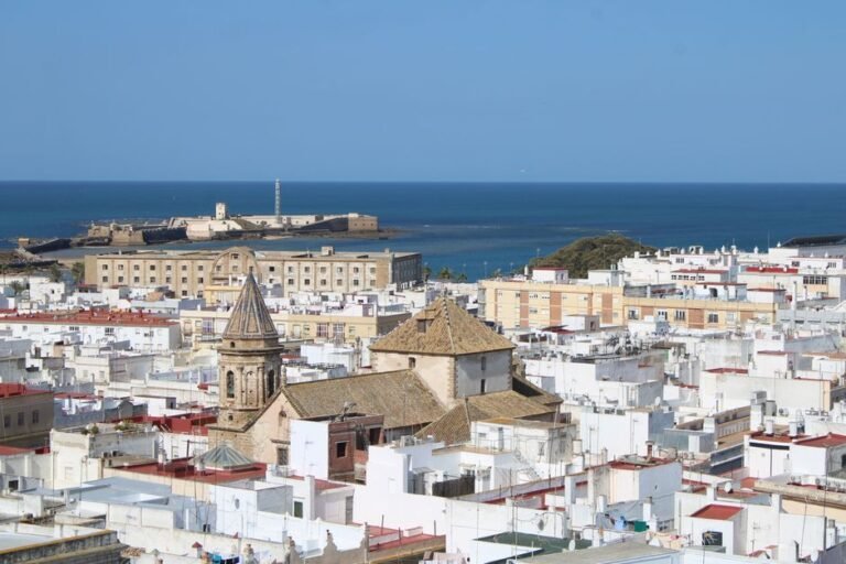 Impresionante vista aérea del paisaje urbano de Cádiz con techos vibrantes y el Castillo de San Sebastián junto al mar.